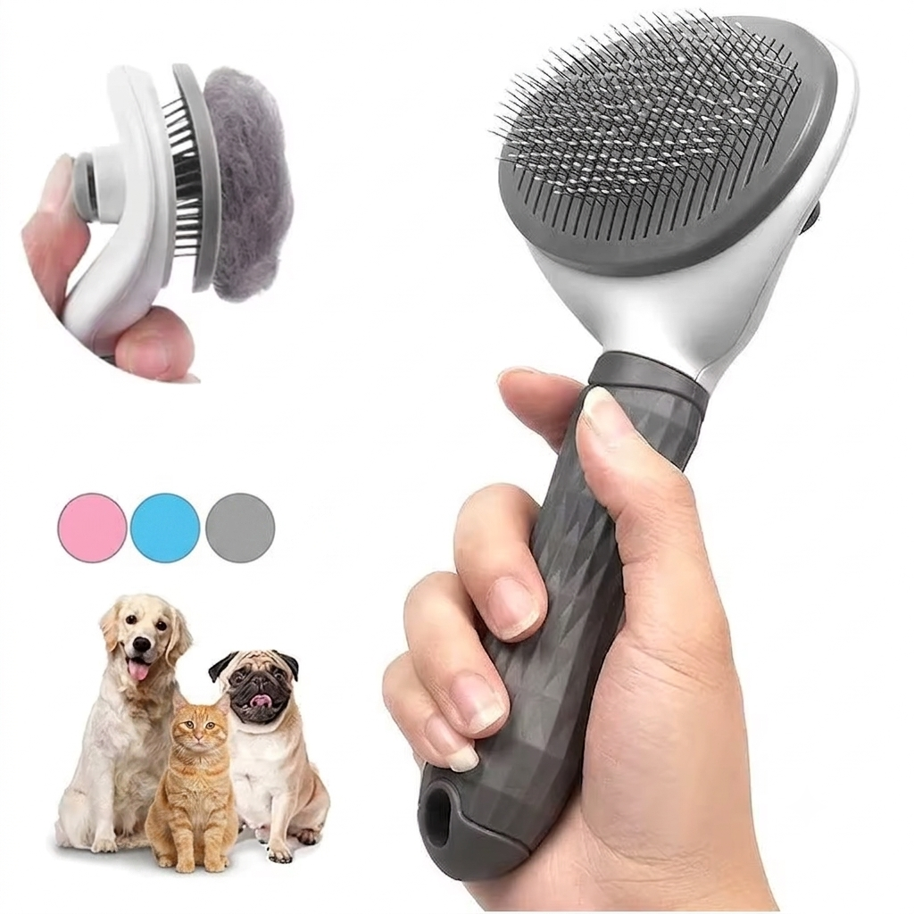 Brosse auto-nettoyante Orevo tenue en main pour chien et chat